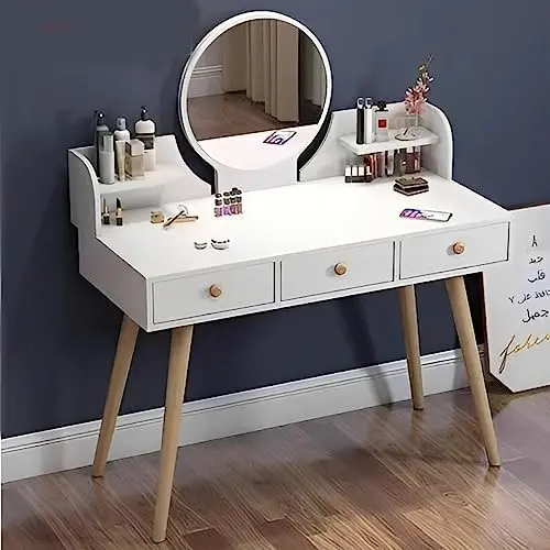 Masa de toaleta cu oglinda 100x120x40 cm design modern alba cu sertare si rafturi