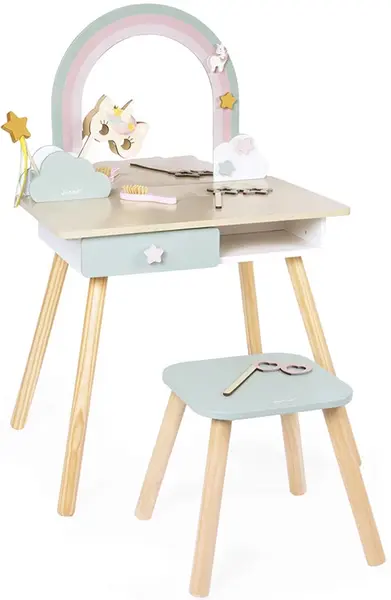Masă de toaletă din lemn pentru copii Janod - Unicorn, cu accesorii