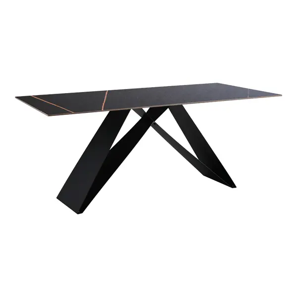 Masă dining cu blat din piatră sinterizată Meja, negru marmorat, 180x90x76 cm