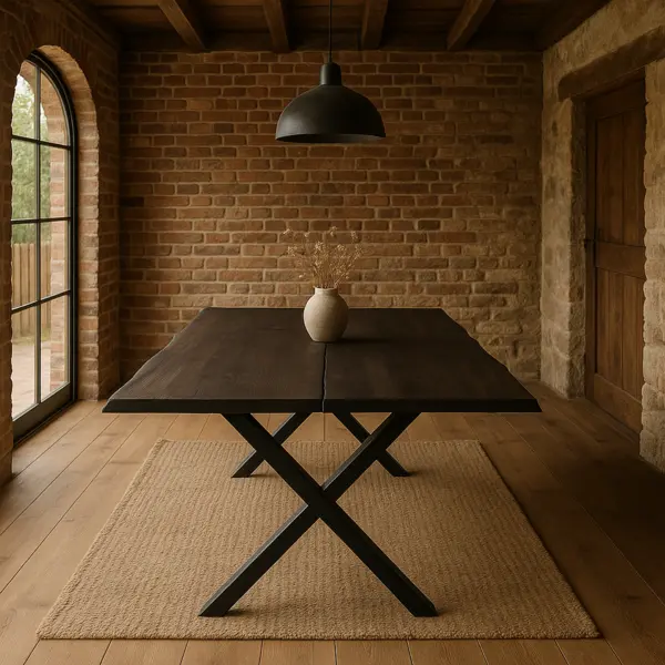 Masa Dining din Lemn Masiv de Stejar cu Picioare Metalice, 8-12 Persoane - BERGO 200x95x75 cm (8 persoane), Stejar Afumat, X