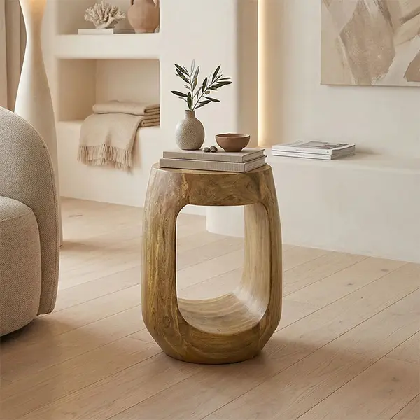 Masă laterală cu design practic Lenora, Stil Modern, Lemn de Mango Solid, Natural, 33x45 cm