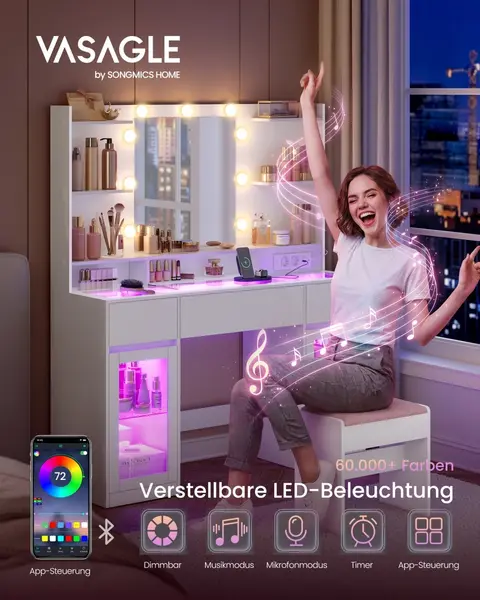 Masa machiaj cu LED, prize si blat de sticla, Kailyn, Alb, 107x40x144.5 cm
