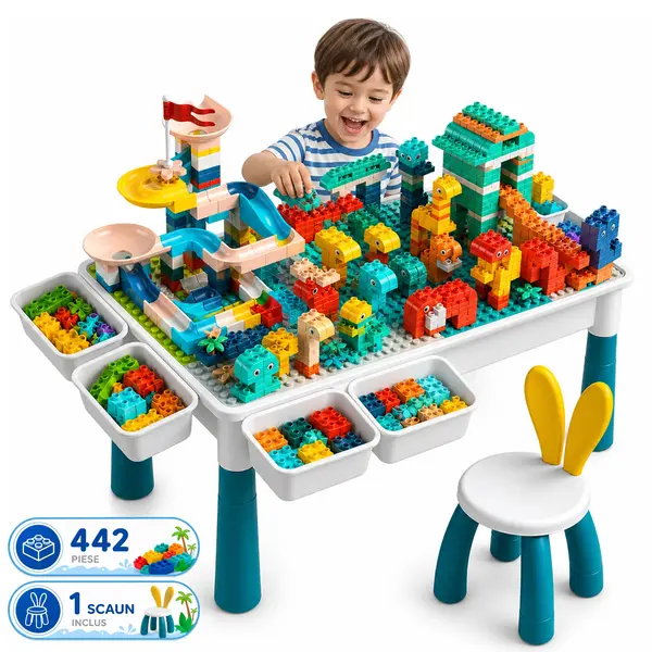 Masa Multifunctionala cu Piese Compatibile Lego Duplo, Set 61x41cm cu 442 Piese - Default Title