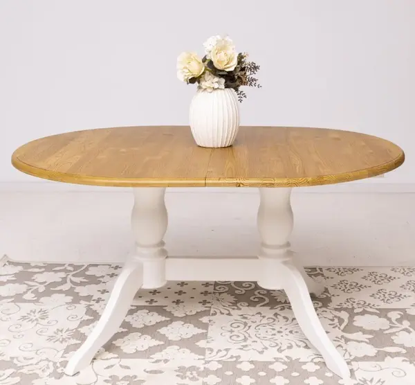 Masa ovala cu 2 picioare 160/230x120cm cu finisaj Signal White/Honey Brown