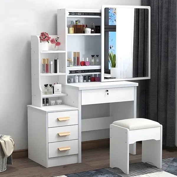 Masa toaleta machiaj alba cu oglinda LED HAWIRE, Taburet inclus, Sertare si etajere, Set complet modern, 130x40x80cm, Mobilier cosmetic pentru femei