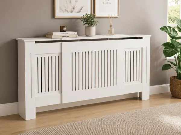 Mască calorifer ECO, MDF cu lamele verticale – Alb lucios - 3XL – 141-203 × 19 × 81.5 cm