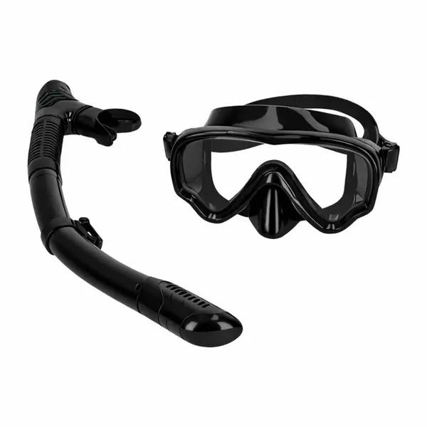 Masca de snorkeling Ikonka cu vedere 180, sticla securizata, si Tub respirator cu sistem dry top, anti-aburire, Black