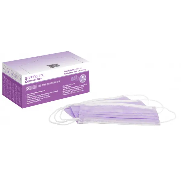 Masca medicala 3 straturi tip 2 mov Bournas Medicals Soft Care prevention Protection Face Mask Purple 50buc