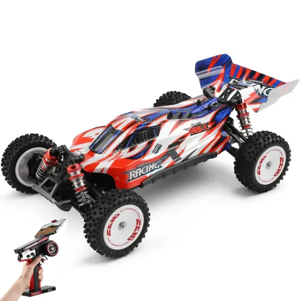 Masina cu telecomanda profesionala pentru curse, Wltoys 124008 4WD, de mare viteza, 60km/h, scara 1:12, 2.4G, acumulator 11.1V 2000 mAh 3S 25C, autonomie 16 min, motor fara perii