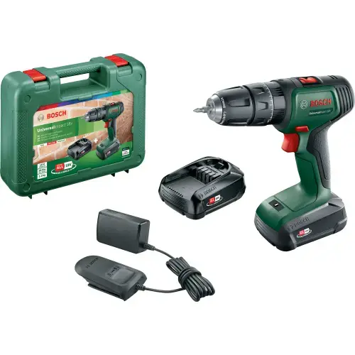 Masina de gaurit si insurubat (bormasina) cu percutie pe acumulator Bosch Universal Impact 18, 18 V , 2 trepte de putere, 1450 RPM, 2 acumulatori, incarcator, cap surubelnita dublu, valiza profesionala