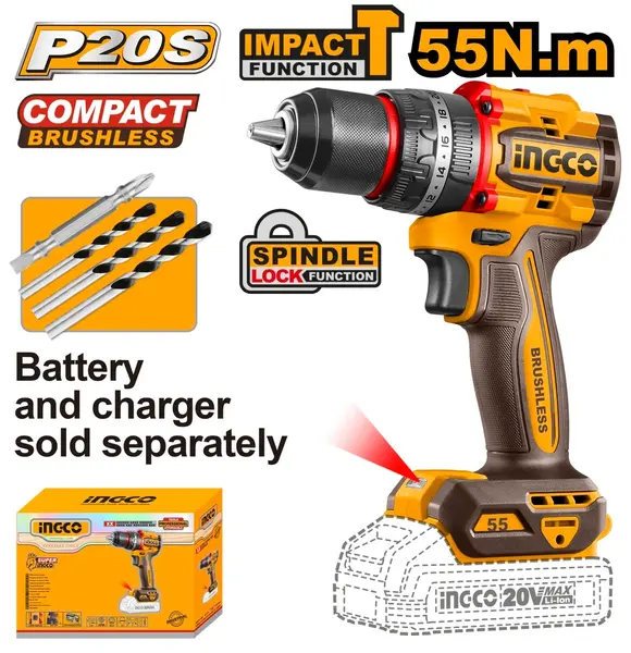 Masina de Gaurit si Insurubat cu Impact 20V INGCO CIDLI205581, 55Nm, brushless, 2 viteze 0-500/2000 rpm, 30000 bpm, mandrina metalica 13 mm, fara acumulator si incarcator