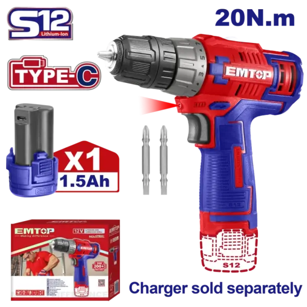 Masina de gaurit si insurubat cu impact, cu 1 baterie 1.5Ah, incarcare prin cablu tip C, 20Nm, fara incarcator - ECDL12510, EMTOP