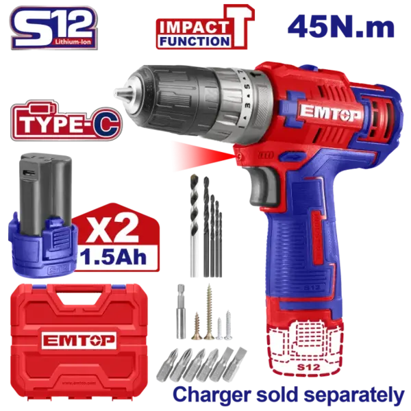 Masina de gaurit si insurubat cu impact, cu 2 baterii 1.5Ah, incarcare prin cablu tip C, 45Nm, 50 accesorii, cutie de transport, fara incarcator - ECiDL12620, EMTOP