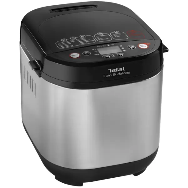 Masina de paine Tefal Pain et Delice PF240E38, 700 W, 20 programe, panou control digital, invelis antiaderent, 1 KG, pornire programabila, pastrare la cald, tava patrata, recipient lactate 1 L, 3 accesorii, carte de retete, argintiu