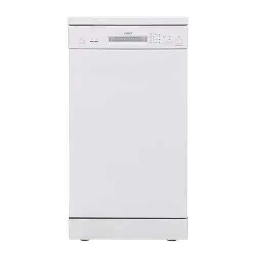 Masina de spalat vase slim VIVAX DW-45942B, 9 Seturi, 4 Programe, Clasa E, Eco, Doua cosuri, Spalare 360°, Intensiv, Quick Wash, Half load, Control electronic cu iluminare LED, Avertizare sare, Protectie overflow, 45cm (Alb)