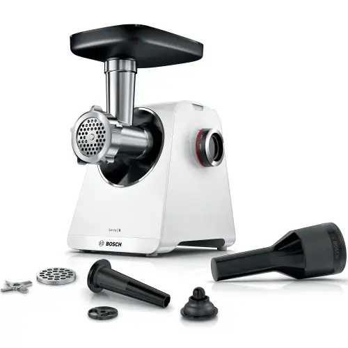 Masina de tocat Bosch MFWS607W, 2100W, 3.5kg/min, 2 site, Palnie carnati, Accesoriu pt kebbe, Cutit cu 2 taisuri (Alb)