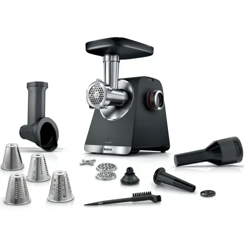 Masina de tocat Bosch MFWS640B, 2100W, 3.5kg/ min, 3 site, palnie carnati, accesoriu pt kebbe, 4 accesorii de tocare, cutit cu 2 taisuri (Negru)