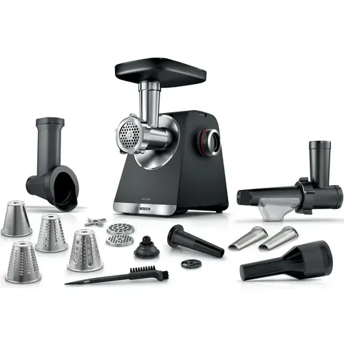 Masina de tocat Bosch MFWS660B, 2100W, 3.5kg/ min, 3 site, accesoriu suc de rosii, palnie carnati, accesoriu pt kebbe, cutit cu 2 taisuri, 4 accesorii de tocare, Negru/Argintiu