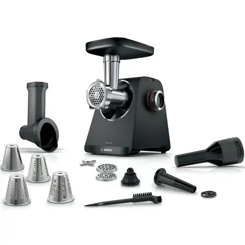 Masina de tocat carne Bosch MFWS440B, 1900 W, 2,5kg/min, cutit cu 2 taisuri, accesoriu inclus pentru carnati / umplut legume si kebbe (Negru)