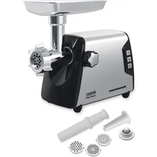 Masina de tocat Heinner HMG-Y2000SS, 2000W, Capacitate tocare de 3kg/min, Cutit inox, 3 site metalice, Buton switch cu 2 viteze, Functie reverse, Carcasa inox (Negru/Argintiu)