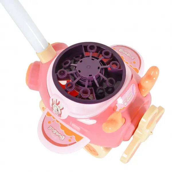 Masina electrica de facut baloane pentru copii Moni Flyer Roz cu maner de impingere, design avion, solutie de baloane 2x60ml inclusa