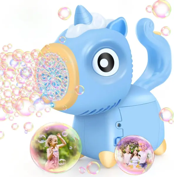 Masina electrica pentru baloane de sapun cu design unicorn albastru