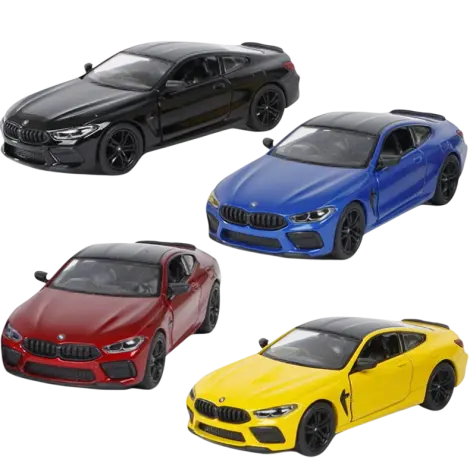 Masinuta BMW M8 sport, die-cast, scara 1 la 38, pull-back, usi mobile, lungime 12.5 cm