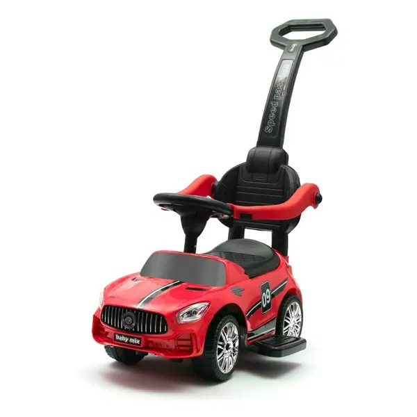 Masinuta de impins, Baby Mix, Bouncer, 3 in 1, Cu maner de impins detasabil, Cu protectii laterale, Cu melodii si claxon, Cu suport jucarii sub sezut, 12-36 luni, Red