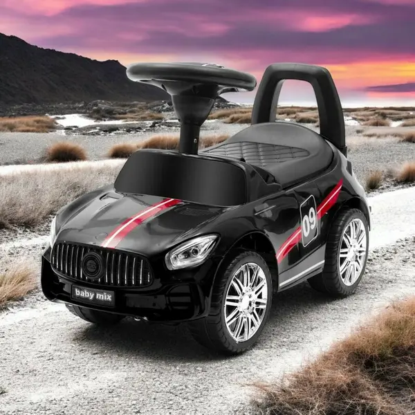 Masinuta de impins Baby Mix Racer Black cu sunete, suport jucarii sub sezut si spatar confortabil, 12 luni+, greutate admisa 25 km