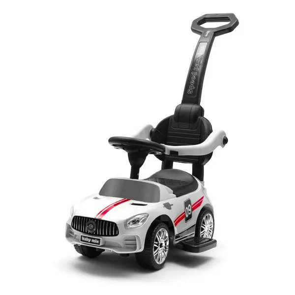 Masinuta de impins, Baby Mix, Racer, Cu maner de impins detasabil, Cu protectii laterale, Cu melodii si claxon, Cu suport jucarii sub sezut, Alb