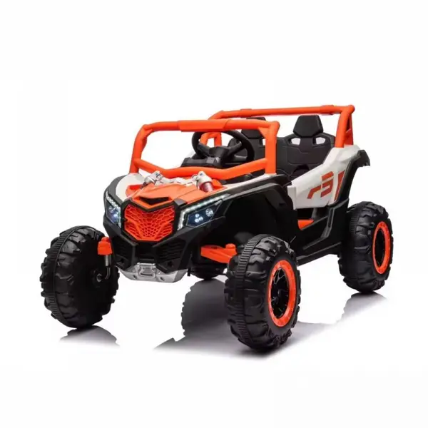 Masinuta electrica pentru copii, 4x4, 12V 7A, 2 locuri, roti EVA off-road, telecomanda parinti, LED, Bluetooth, USB, suspensii, dotari premium, scaune piele ecologica, culoare portocaliu metalizat, 70 x 111 x 63