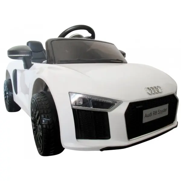 Masinuta electrica pentru copii Audi R8 R-Sport Alb 70W cu telecomanda si roti Eva cu suspensii, slow start, faruri si lumini Led, unitate audio cu display si Mp3