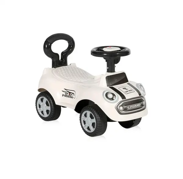 Masinuta pentru copii Lorelli Mini White, fara pedale, spatar cu functie de impingere, protectie impotriva rasturnarii, functii muzicale, lumini, inaltime de la sol la sezut 20 cm
