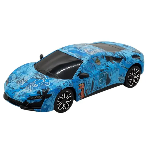 Masinuta sport albastra cu dinozauri, muzica si lumini pentru copii 3+