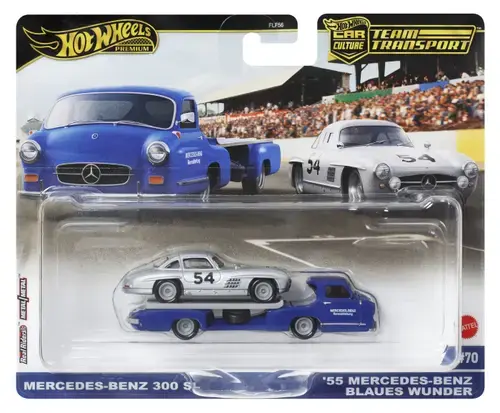 Masinute HOT WHEELS TRANSPORTATOR MERCEDES-BENZ 55 BLAUES WUNDER si MERCEDES-BENZ 300 SL, scara 1:64
