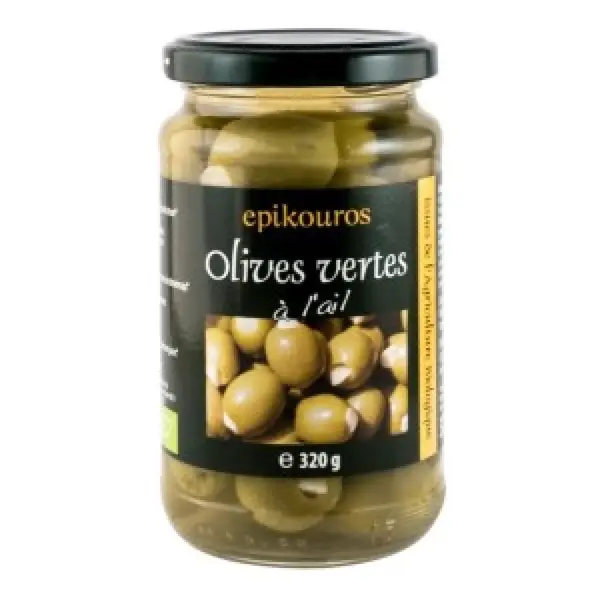 Masline verzi BIO umplute cu usturoi in saramura, 320g