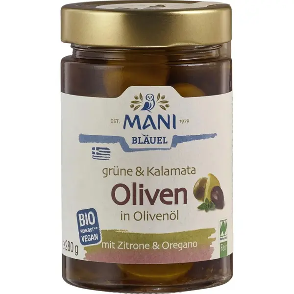 Masline verzi si Kalamata in ulei cu lamaie si oregano, eco - 280 g