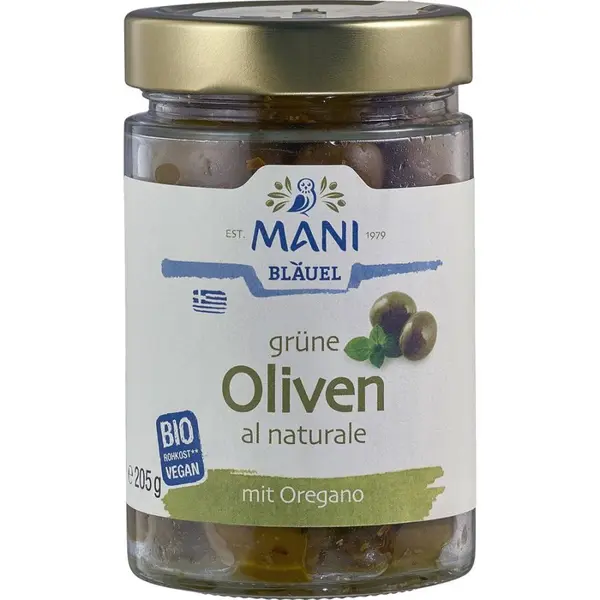 Masline verzi uleiate cu oregano, eco - 205 g