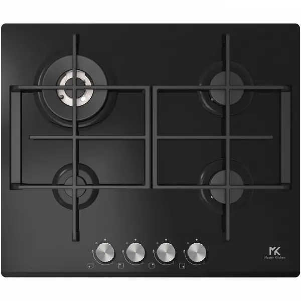 Master Kitchen Plita incorporabila Master Kitchen MKHG 6031ED-TCBK, Gaz, 4 arzatoare, Gratare fonta, Arzator wok, Aprindere electrica integrata, Siguranta arzatoare, 60 cm, Sticla neagra