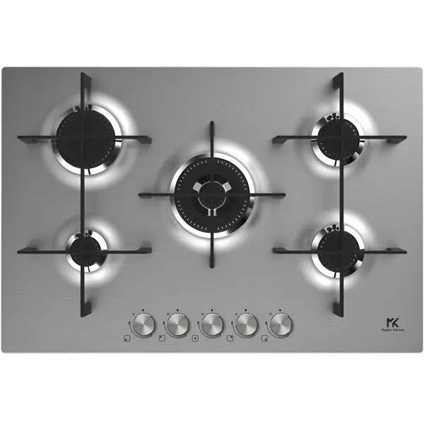 Master Kitchen Plita incorporabila Master Kitchen MKHG 7541EDS-FTCXS, Gaz, 5 arzatoare, Gratare fonta, Arzator coroana tripla, Aprindere electica integrata, Sistem siguranta, 75 cm, Inox