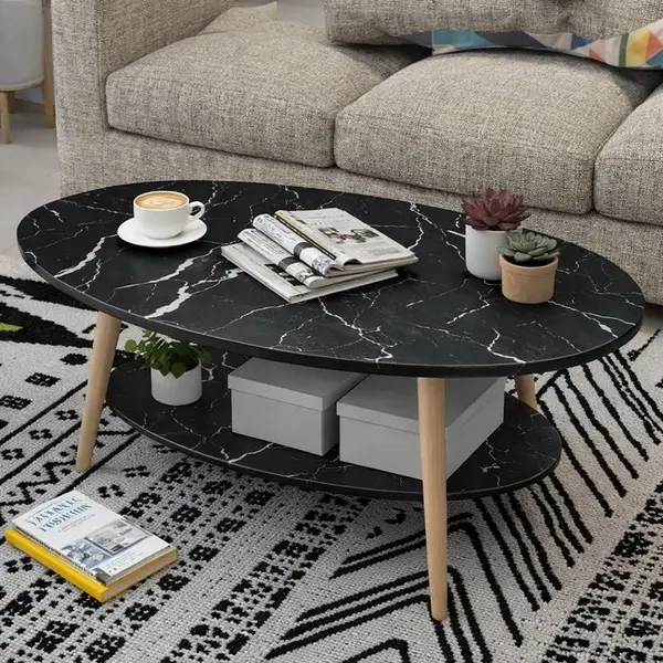 Masuta cafea ovala pentru sufragerie, din lemn MDF, 3 picioare