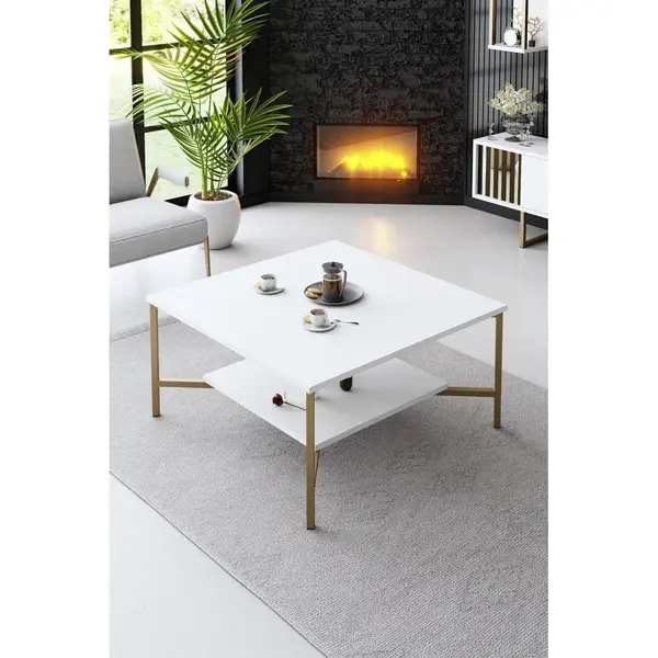 Masuta Cafea, PAL Melaminat / Metal, Gold Line, Negru / Auriu, 80x80x40 cm