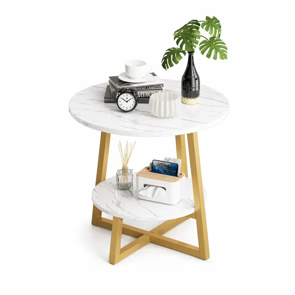 Masuta cafea rotunda cu raft inferior, blat tip marmura, 55x40 cm