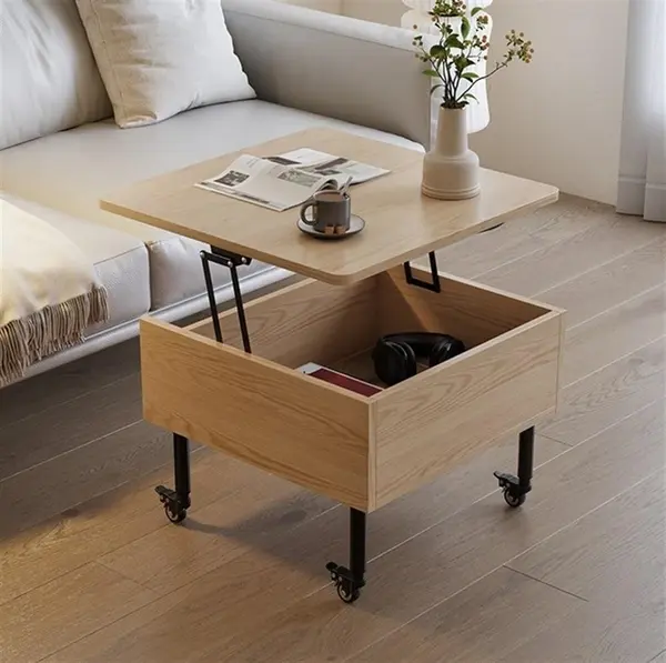 Masuta de cafea cu blat rabatabil, spatiu de depozitare si roti pivotante, 55x55x48cm
