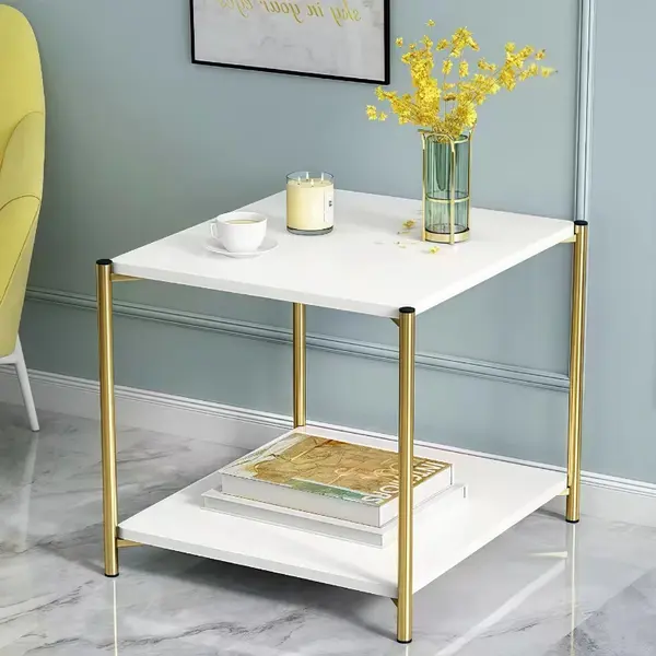 Masuta de cafea moderna cu blat tip marmura si cadru auriu, 2 nivele de depozitare 40x40x43 cm