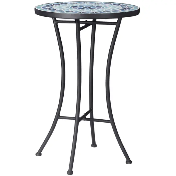 Masuta de Gradina din Metal Outsunny cu Blat din Ceramica, Design Mozaic, Albastru Ф35,5x53,5cm | Aosom Romania