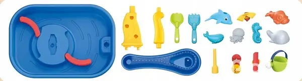 Masuta de joaca cu apa si nisip pentru copii 2in1 Matadi Sand and Water, utilizare interiorexterior, elemente mobile, jucarii incluse, dimensiune 53,5 x 38 x 42 cm