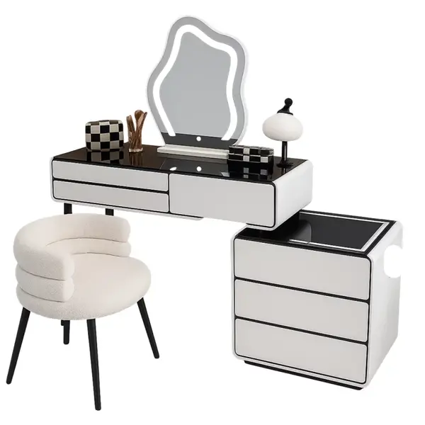 Măsuță de machiaj AURORA smart – cu oglindă rotundă LED și blat din sticlă securizată 80x40x120 cm