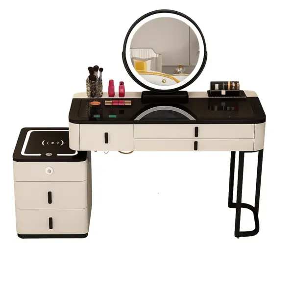 Măsuță de machiaj ISABELLA smart – cu oglindă rotundă LED și blat din sticlă securizată 100x40x120 cm
