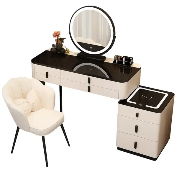 Măsuță de machiaj MARIPOSA smart – cu oglindă rotundă LED și blat din sticlă securizată 120x40x120cm